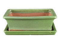 Vaso + sottovaso per bonsai rettangolare in gres smaltato verde 27x20x8 cm - GA5VS