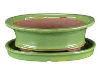 Vaso + sottovaso per bonsai ovale in gres smaltato verde 26,5x20x8 cm - GA7VS