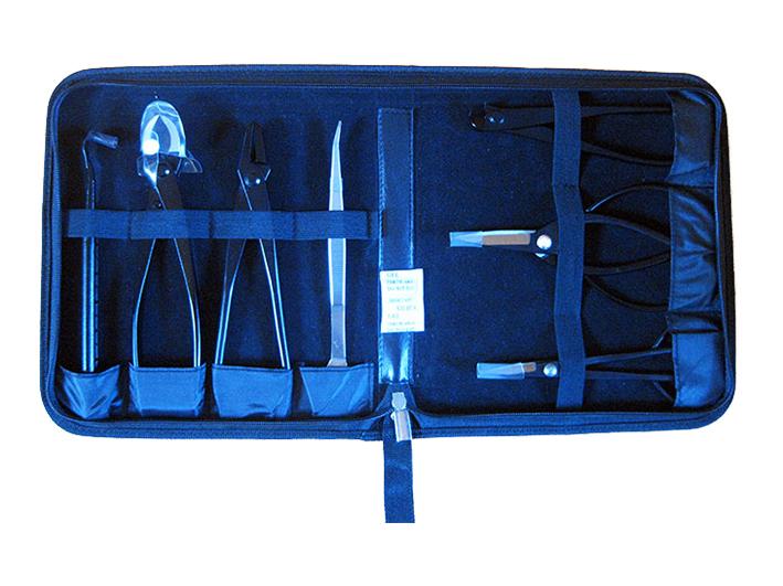 Set of 7 burnished stainless steel bonsai tools + rigid tool case (A)