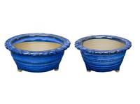 Vasi per bonsai Giapponesi Morrisan rotondi in gres smaltato blu (Set da n.2 pezzi) - B04-13