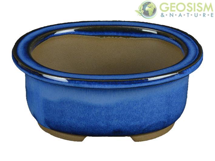 Pots: Pot à bonsaï japonais Morrisan ovale en grès émaillé bleu  10,5x8,5x4,5 cm - B03-3-1B