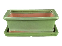 Green glazed stoneware rectangular pot + saucer for bonsai 27x20x8 cm - GA5VS