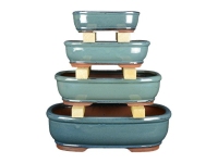 Oval dark green glazed stoneware pots for bonsai (Set of 4 pieces) - G8