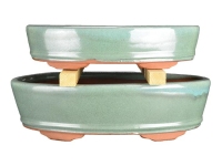 Green glazed stoneware oval bonsai pots (Set of 2 pieces) - BJA2B