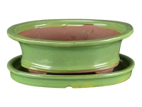 Pot + soucoupe ovale en grès émaillé vert pour bonsaï 26,5x20x8 cm - GA7VS